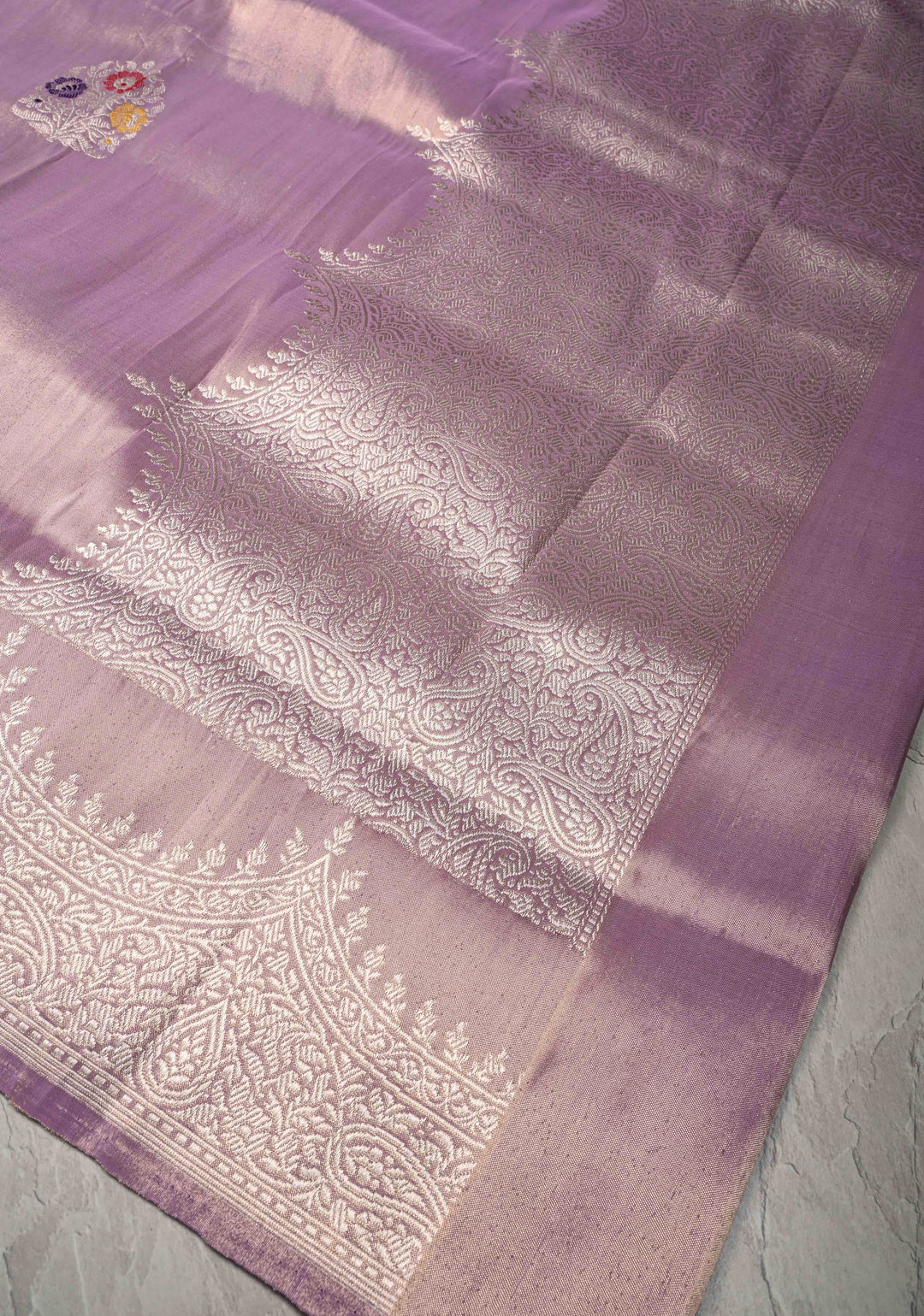 Lavender Banarasi Katan Tissue Silk Saree with Meenakari Floral Buttas and Scallop Zari Border | SILK MARK CERTIFIED