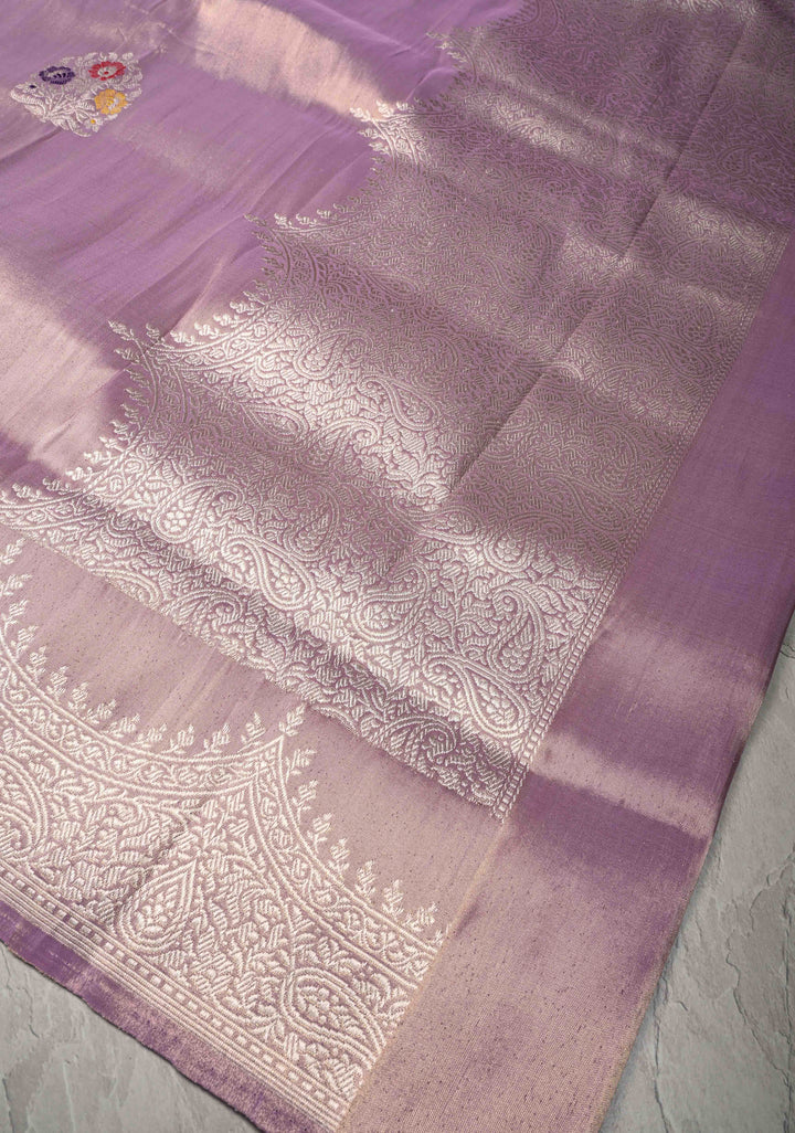 Lavender Banarasi Katan Tissue Silk Saree with Meenakari Floral Buttas and Scallop Zari Border | SILK MARK CERTIFIED