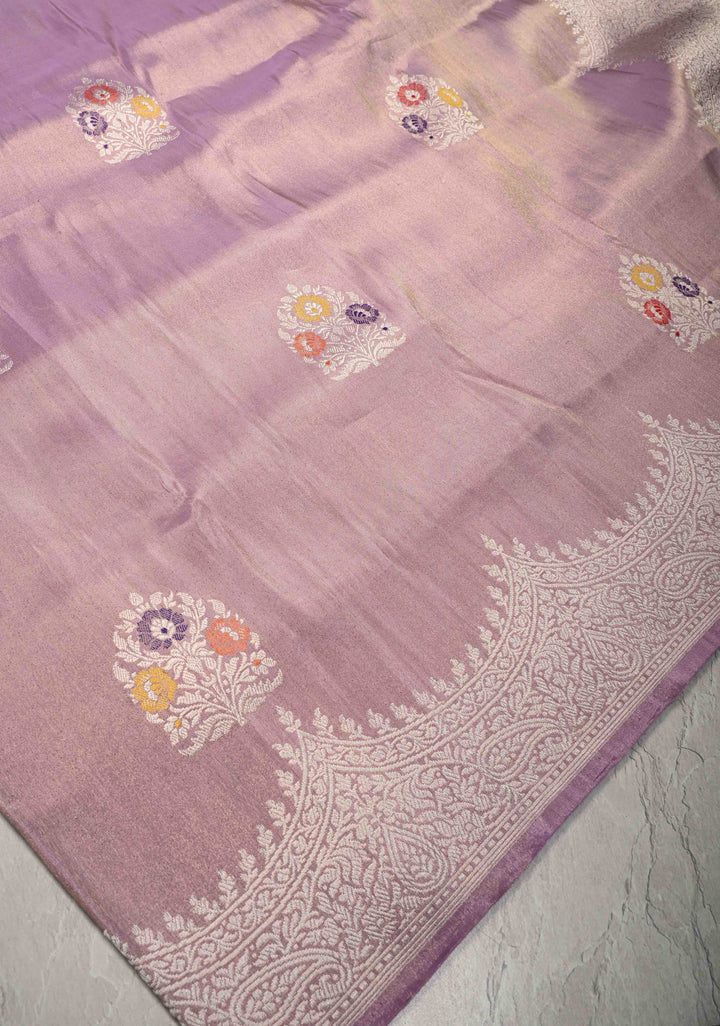 Lavender Banarasi Katan Tissue Silk Saree with Meenakari Floral Buttas and Scallop Zari Border | SILK MARK CERTIFIED