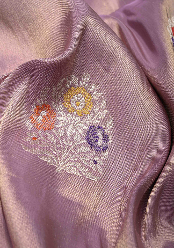Lavender Banarasi Katan Tissue Silk Saree with Meenakari Floral Buttas and Scallop Zari Border | SILK MARK CERTIFIED