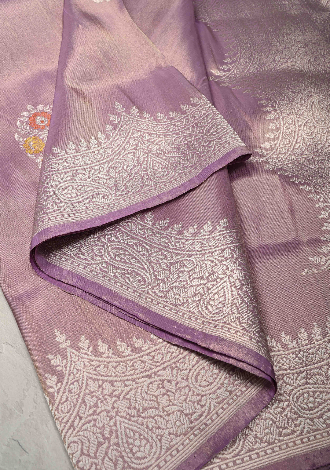 Lavender Banarasi Katan Tissue Silk Saree with Meenakari Floral Buttas and Scallop Zari Border | SILK MARK CERTIFIED