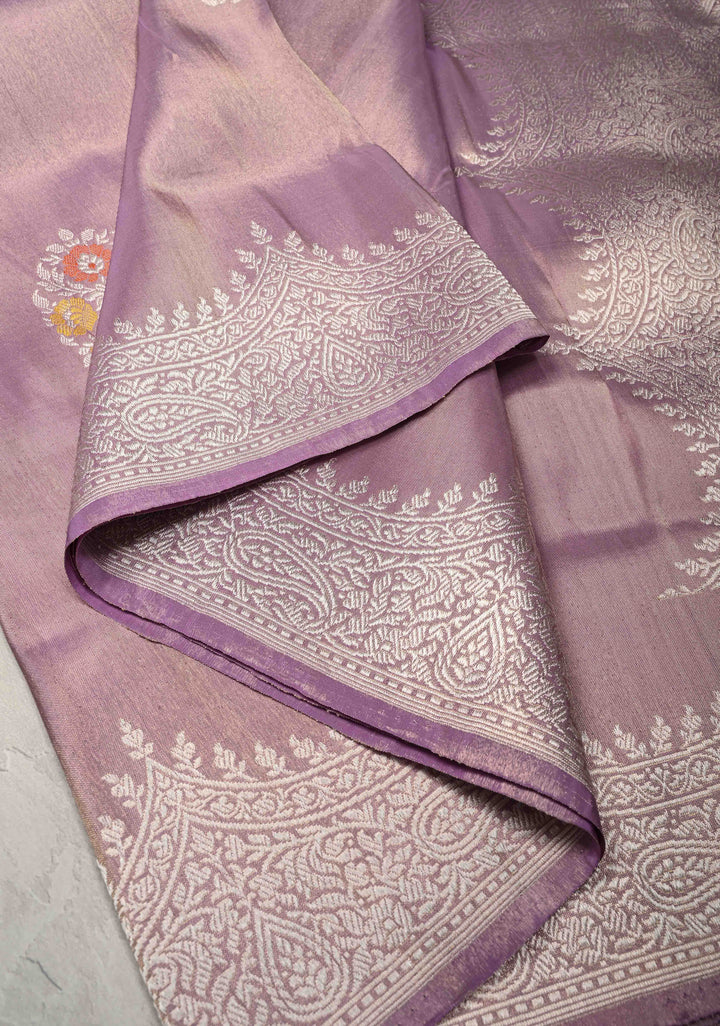Lavender Banarasi Katan Tissue Silk Saree with Meenakari Floral Buttas and Scallop Zari Border | SILK MARK CERTIFIED