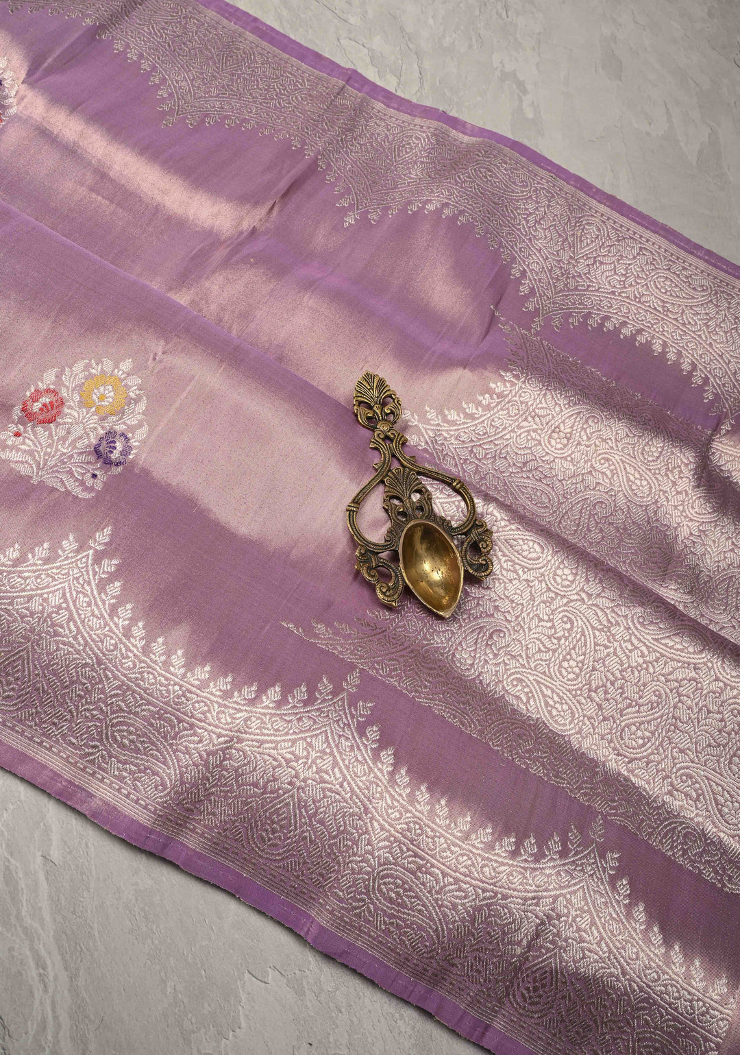 Lavender Banarasi Katan Tissue Silk Saree with Meenakari Floral Buttas and Scallop Zari Border | SILK MARK CERTIFIED