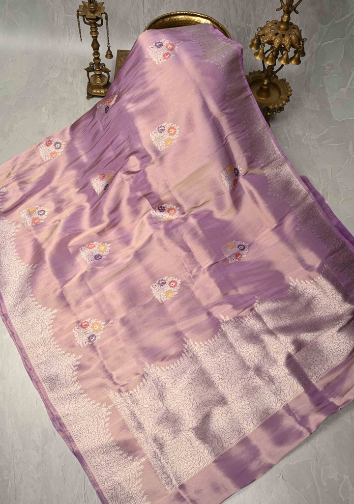 Lavender Banarasi Katan Tissue Silk Saree with Meenakari Floral Buttas and Scallop Zari Border | SILK MARK CERTIFIED
