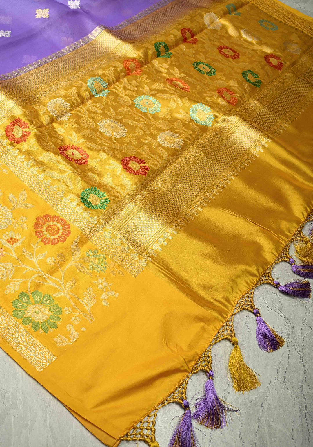 Lavender Pure Banarasi Kora Silk Saree with Gold Silver Zari Buttas and Contrast Meenakari Zari Border | SILK MARK CERTIFIED | SHOBITAM