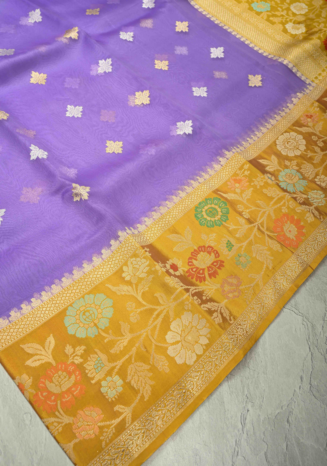 Lavender Pure Banarasi Kora Silk Saree with Gold Silver Zari Buttas and Contrast Meenakari Zari Border | SILK MARK CERTIFIED