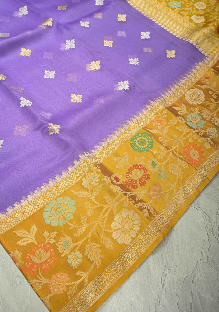 Lavender Pure Banarasi Kora Silk Saree with Gold Silver Zari Buttas and Contrast Meenakari Zari Border | SILK MARK CERTIFIED | SHOBITAM