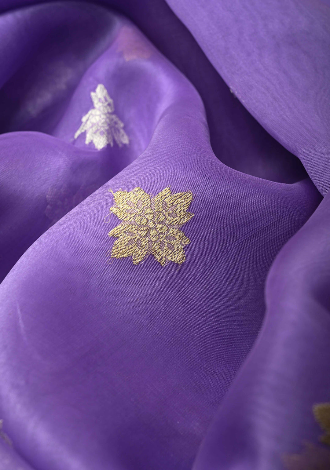 Lavender Pure Banarasi Kora Silk Saree with Gold Silver Zari Buttas and Contrast Meenakari Zari Border | SILK MARK CERTIFIED | SHOBITAM