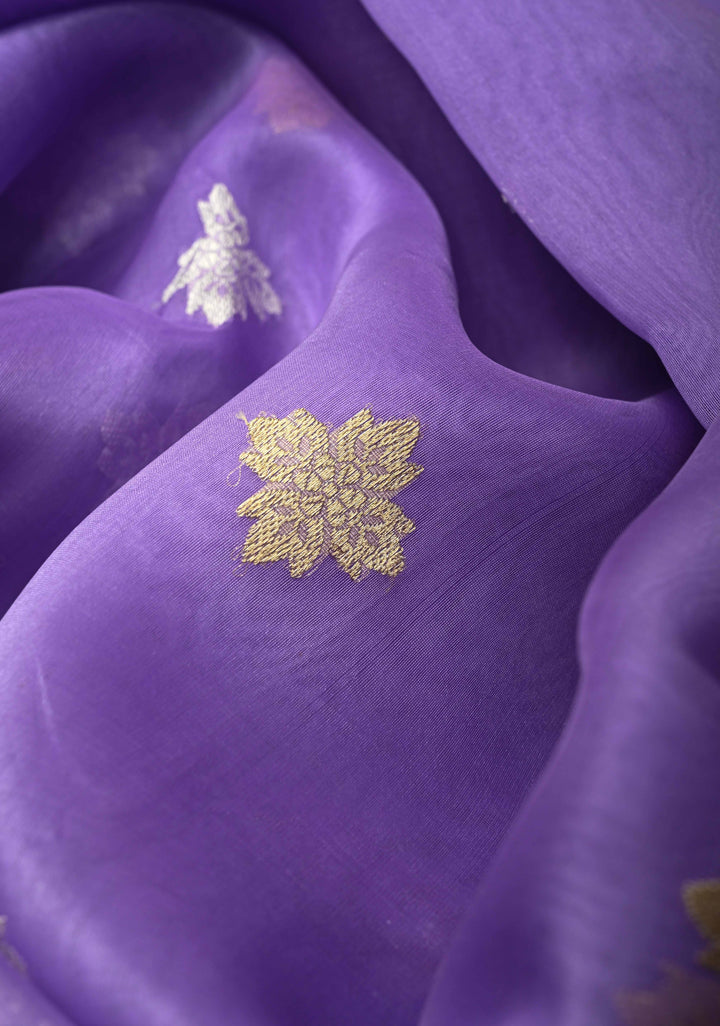 Lavender Pure Banarasi Kora Silk Saree with Gold Silver Zari Buttas and Contrast Meenakari Zari Border | SILK MARK CERTIFIED | SHOBITAM
