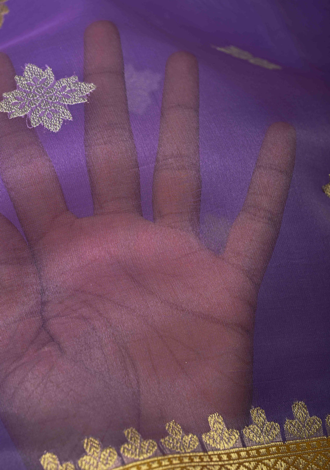 Lavender Pure Banarasi Kora Silk Saree with Gold Silver Zari Buttas and Contrast Meenakari Zari Border | SILK MARK CERTIFIED