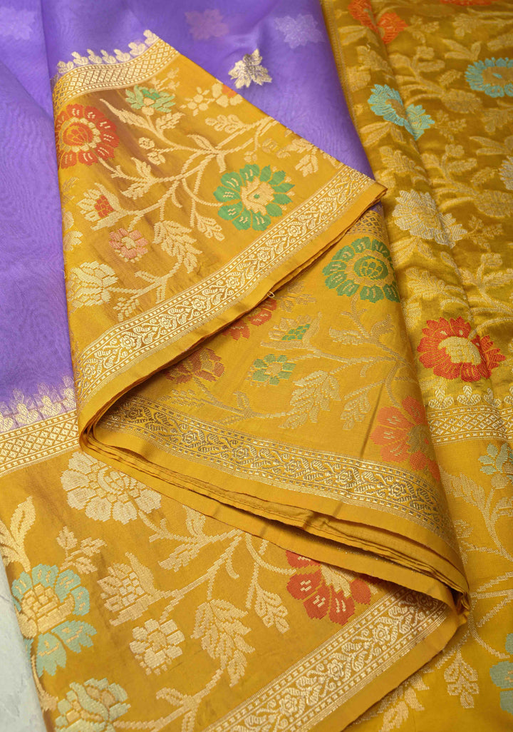Lavender Pure Banarasi Kora Silk Saree with Gold Silver Zari Buttas and Contrast Meenakari Zari Border | SILK MARK CERTIFIED