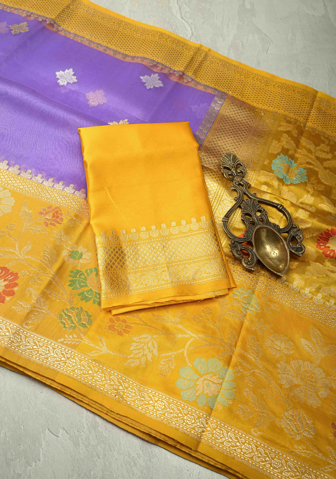 Lavender Pure Banarasi Kora Silk Saree with Gold Silver Zari Buttas and Contrast Meenakari Zari Border | SILK MARK CERTIFIED