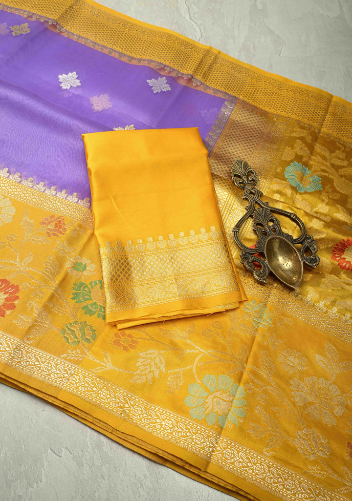 Lavender Pure Banarasi Kora Silk Saree with Gold Silver Zari Buttas and Contrast Meenakari Zari Border | SILK MARK CERTIFIED | SHOBITAM