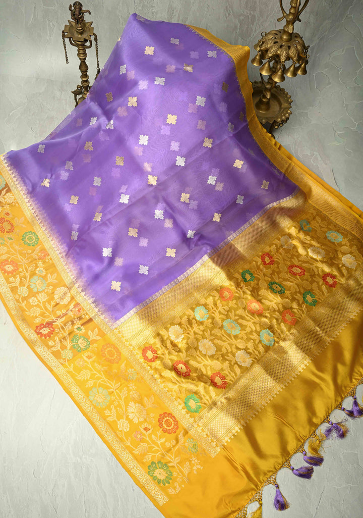 Lavender Pure Banarasi Kora Silk Saree with Gold Silver Zari Buttas and Contrast Meenakari Zari Border | SILK MARK CERTIFIED