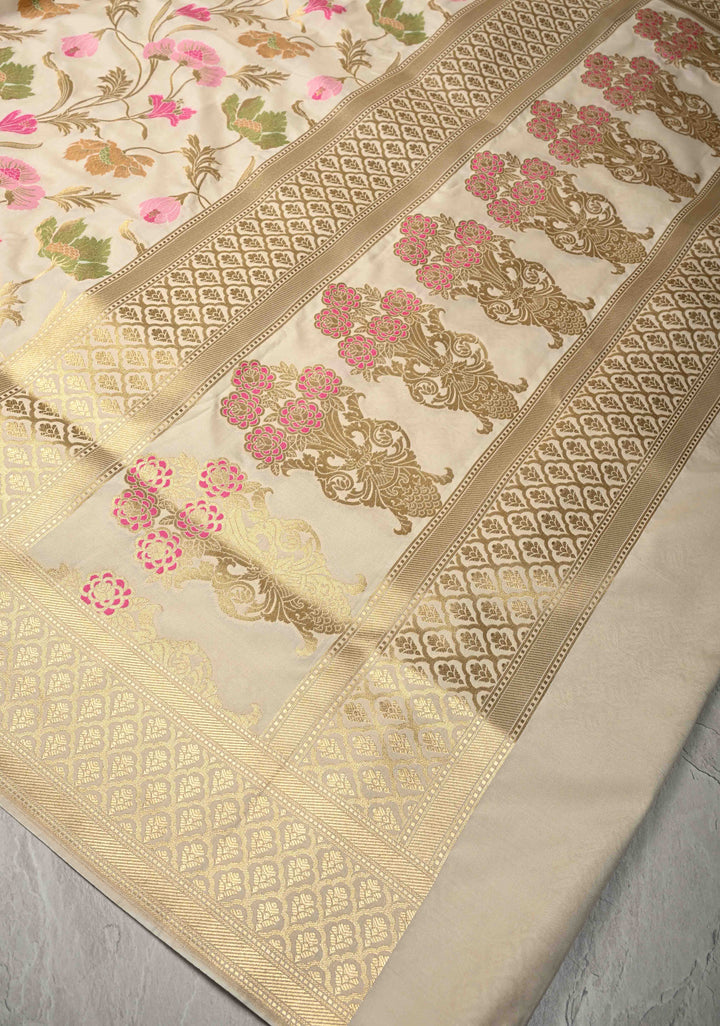 Ivory Semi Silk Saree with Meenakari Floral Jaal and Zari Border