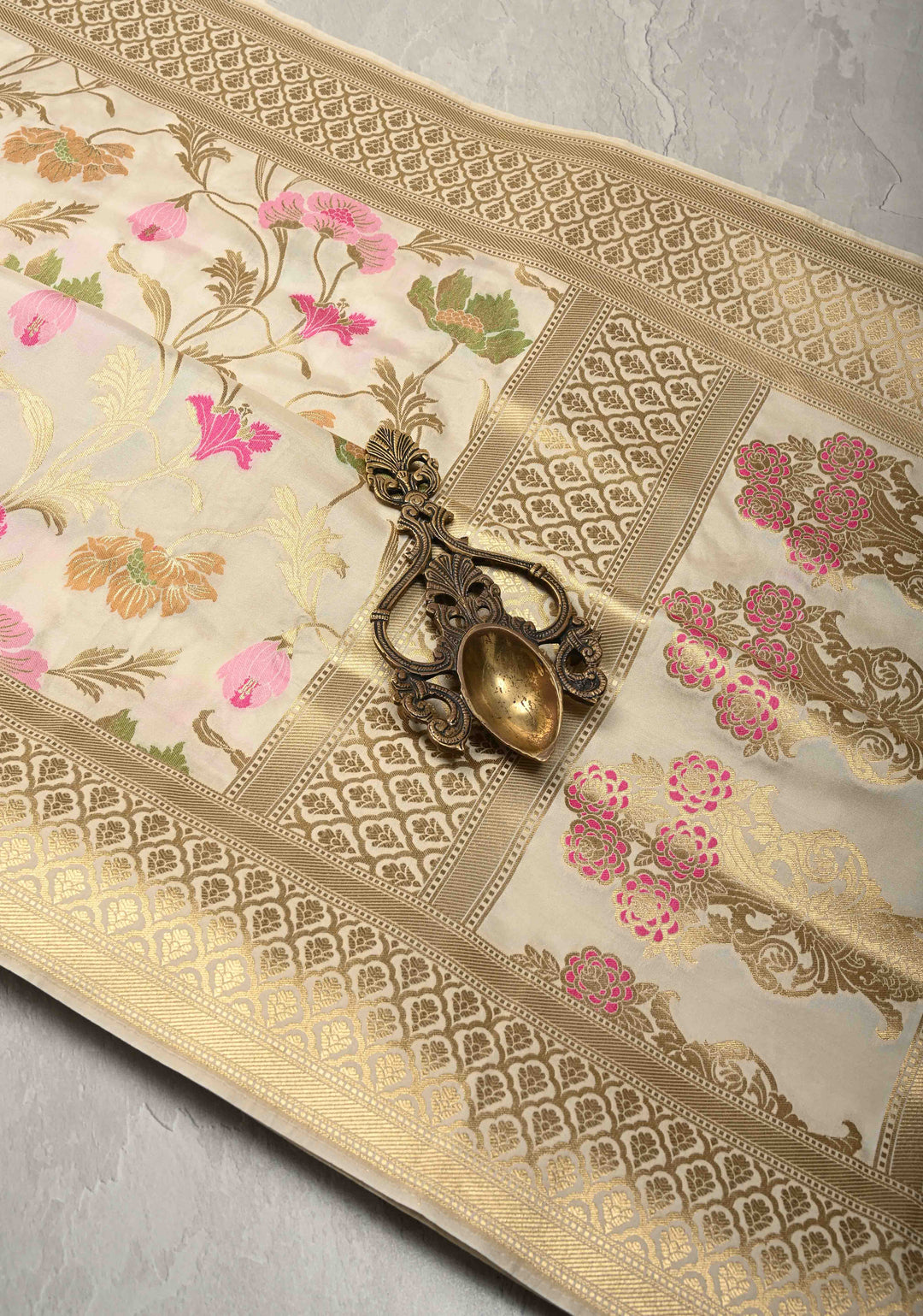 Ivory Semi Silk Saree with Meenakari Floral Jaal and Zari Border