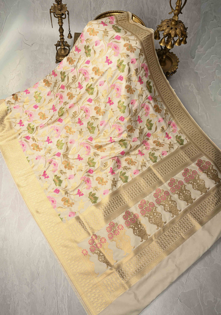 Ivory Semi Silk Saree with Meenakari Floral Jaal and Zari Border