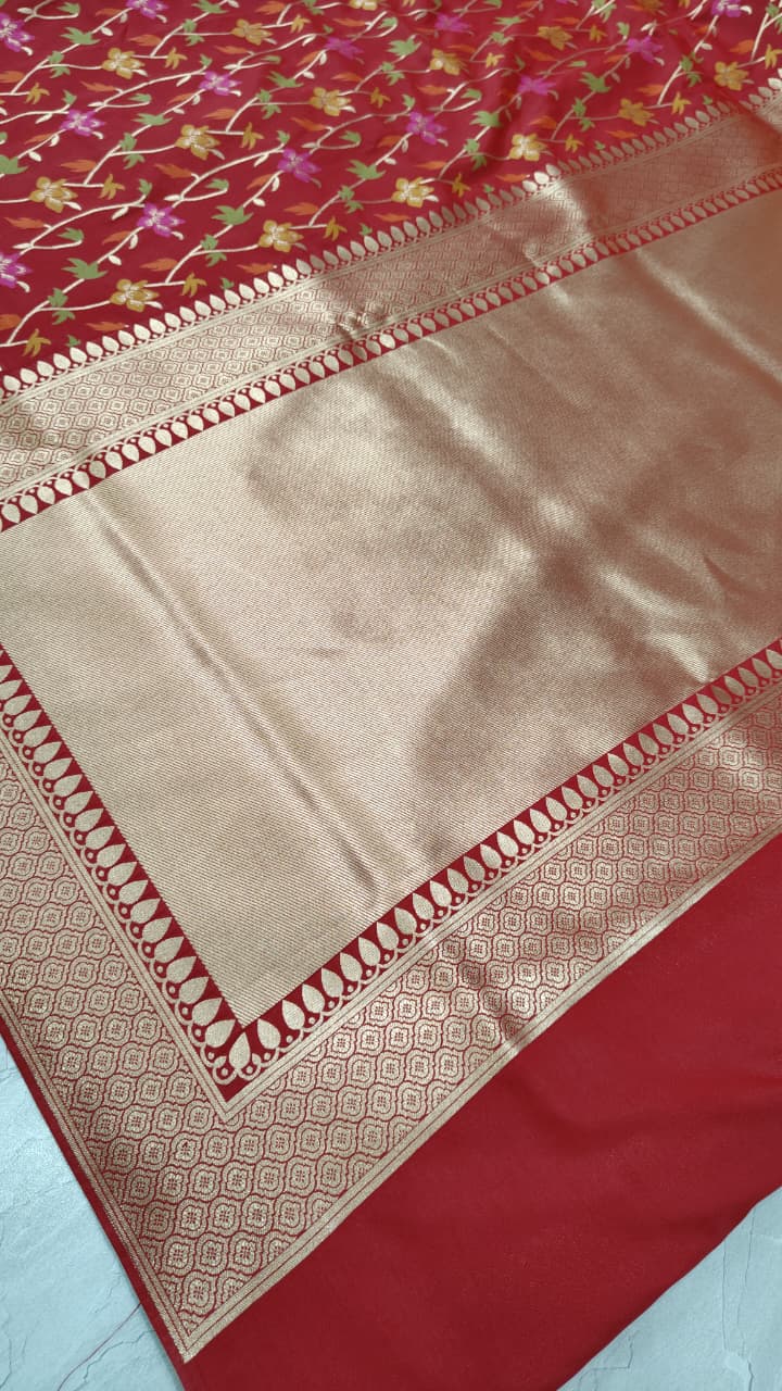 Red Semi Silk Saree with Meenakari Floral Jaal and Zari Border