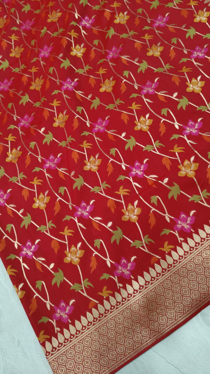 Red Semi Silk Saree with Meenakari Floral Jaal and Zari Border