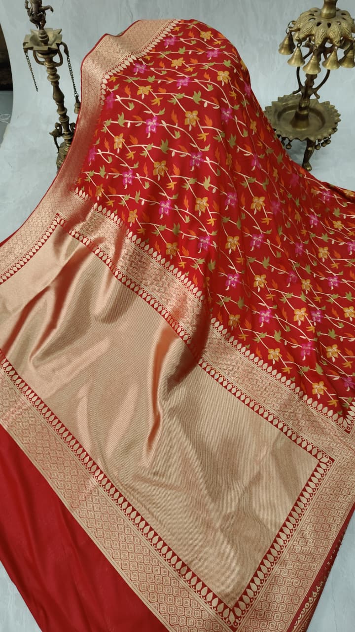 Red Semi Silk Saree with Meenakari Floral Jaal and Zari Border