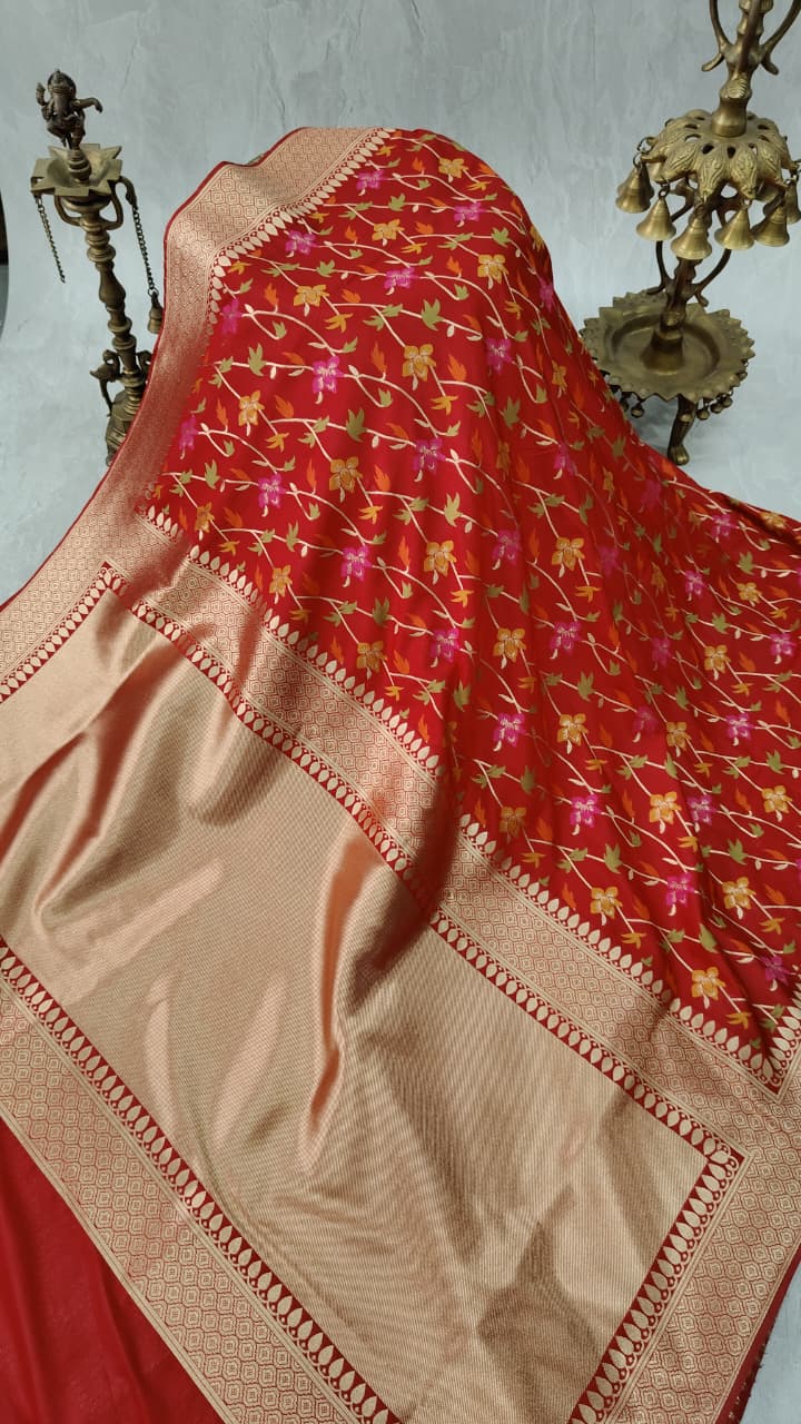 Red Semi Silk Saree with Meenakari Floral Jaal and Zari Border