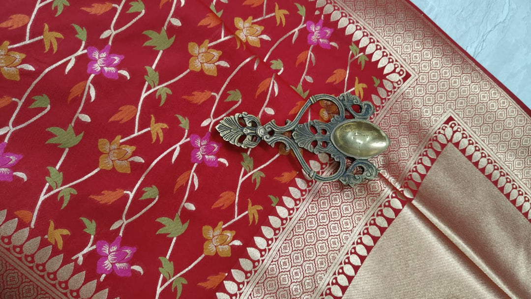 Red Semi Silk Saree with Meenakari Floral Jaal and Zari Border