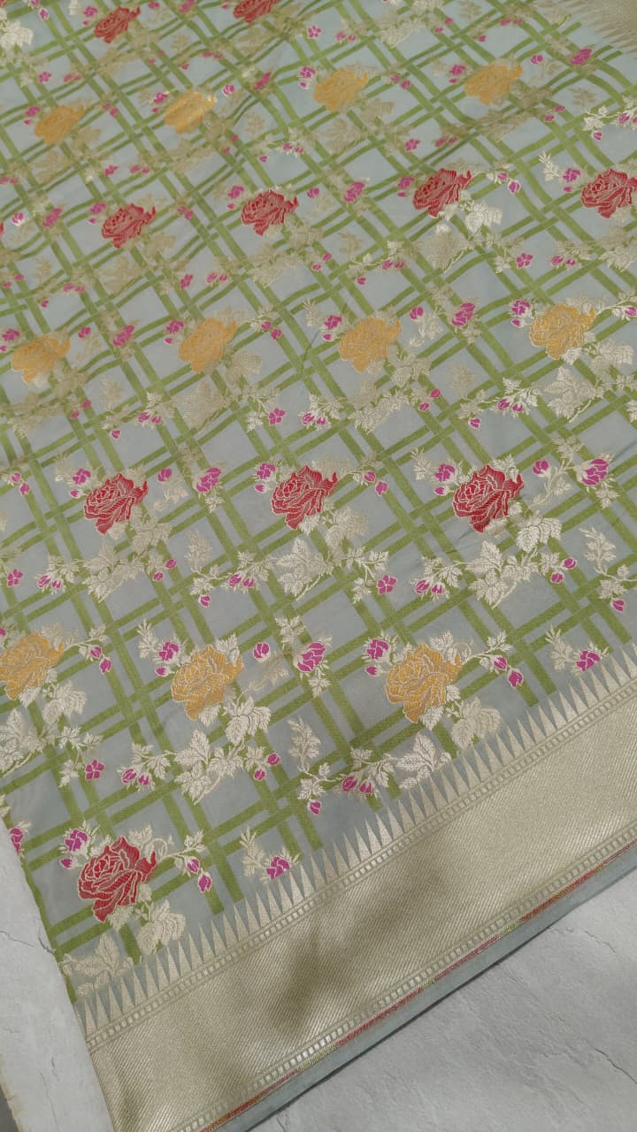 Gray Checks on Semi Silk Saree with Meenakari Floral Design and Zari Border