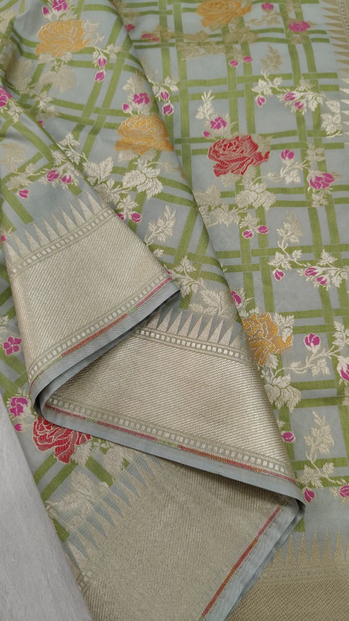 Gray Checks on Semi Silk Saree with Meenakari Floral Design and Zari Border