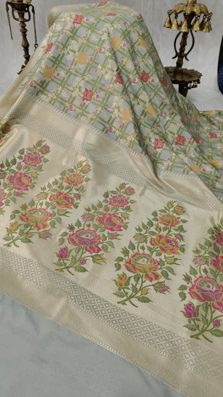 Gray Checks on Semi Silk Saree with Meenakari Floral Design and Zari Border