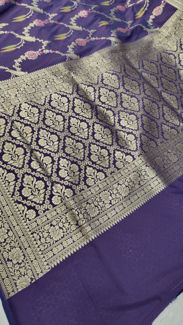 Egg Plant Purple Semi Silk Saree with Meenakari Floral Jall and Zari Border