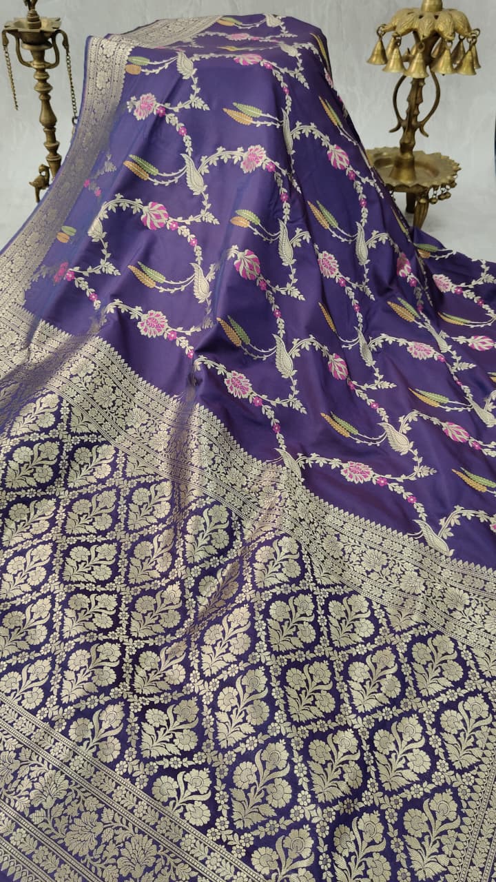 Egg Plant Purple Semi Silk Saree with Meenakari Floral Jall and Zari Border