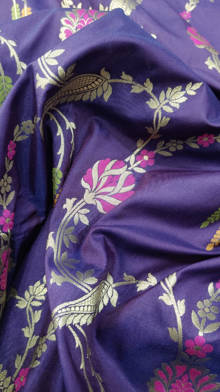 Egg Plant Purple Semi Silk Saree with Meenakari Floral Jall and Zari Border