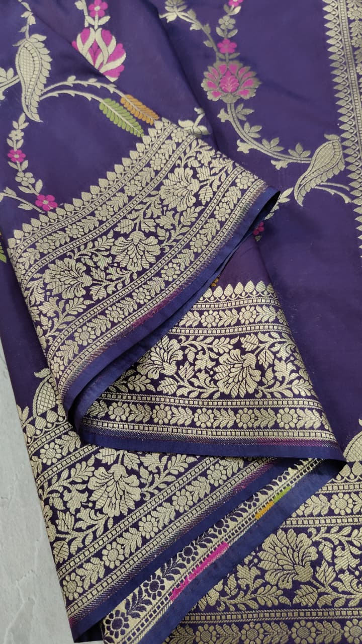 Egg Plant Purple Semi Silk Saree with Meenakari Floral Jall and Zari Border