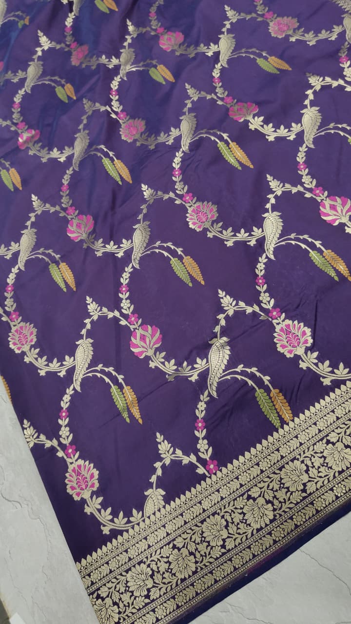 Egg Plant Purple Semi Silk Saree with Meenakari Floral Jall and Zari Border