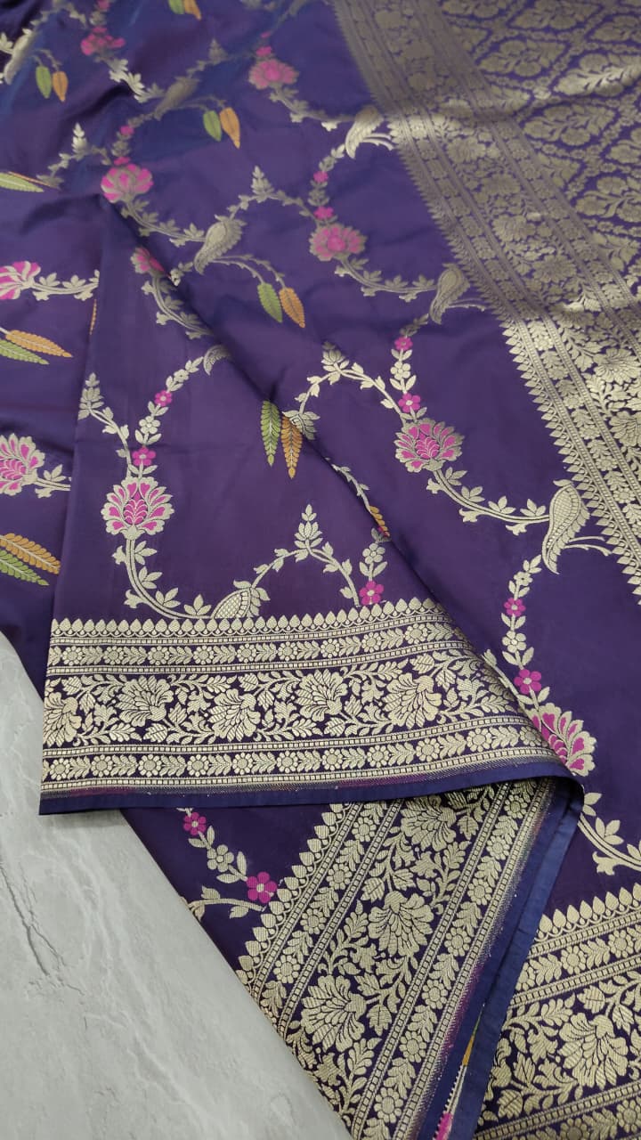 Egg Plant Purple Semi Silk Saree with Meenakari Floral Jall and Zari Border