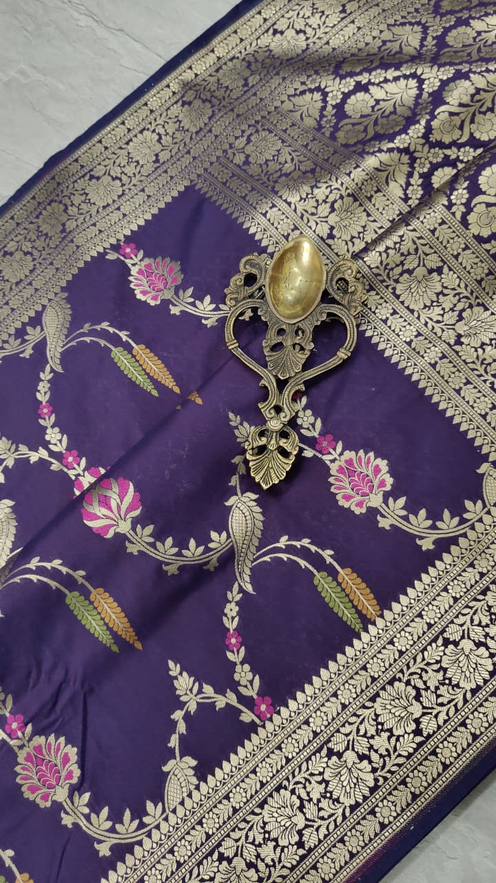 Egg Plant Purple Semi Silk Saree with Meenakari Floral Jall and Zari Border