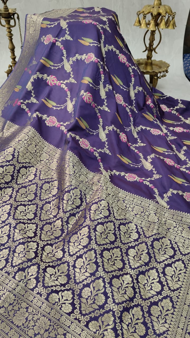 Egg Plant Purple Semi Silk Saree with Meenakari Floral Jall and Zari Border
