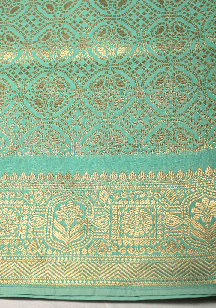 Spring Green Trellis Jaal on Semi Silk Saree with Meenakari Buttas and Zari Border
