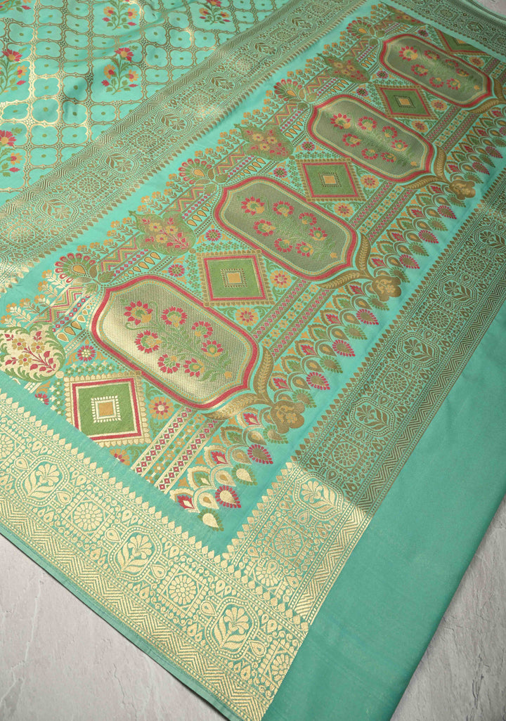 Spring Green Trellis Jaal on Semi Silk Saree with Meenakari Buttas and Zari Border
