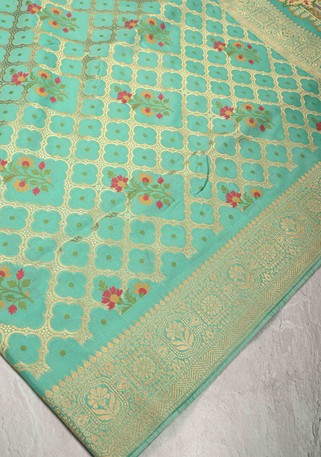 Spring Green Trellis Jaal on Semi Silk Saree with Meenakari Buttas and Zari Border