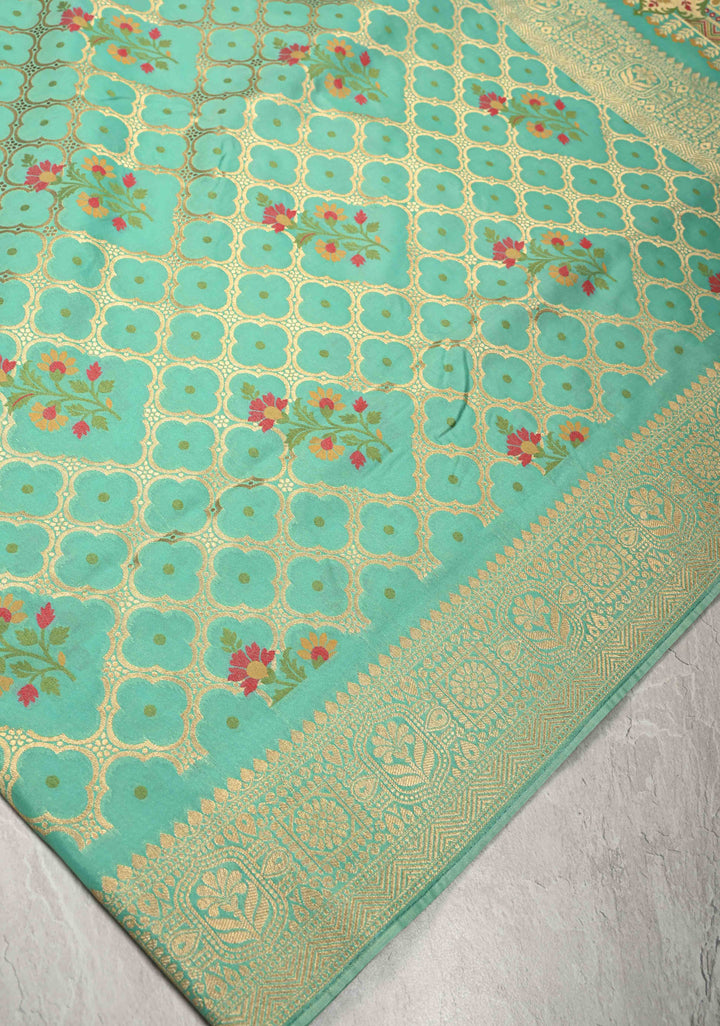 Spring Green Trellis Jaal on Semi Silk Saree with Meenakari Buttas and Zari Border