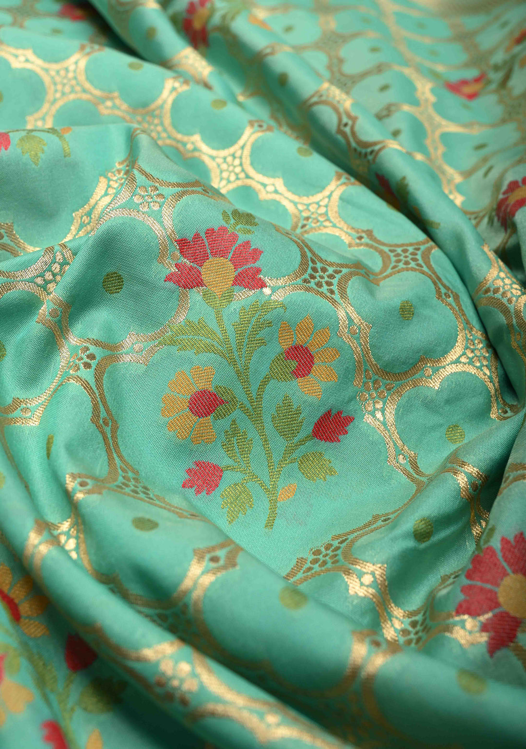 Spring Green Trellis Jaal on Semi Silk Saree with Meenakari Buttas and Zari Border