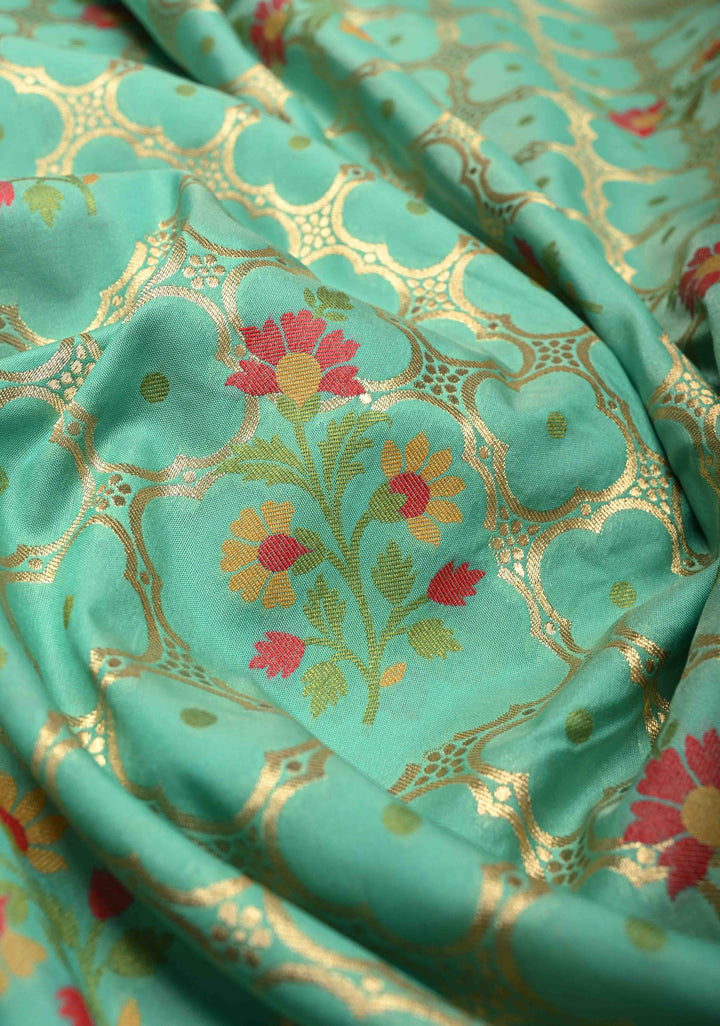 Spring Green Trellis Jaal on Semi Silk Saree with Meenakari Buttas and Zari Border