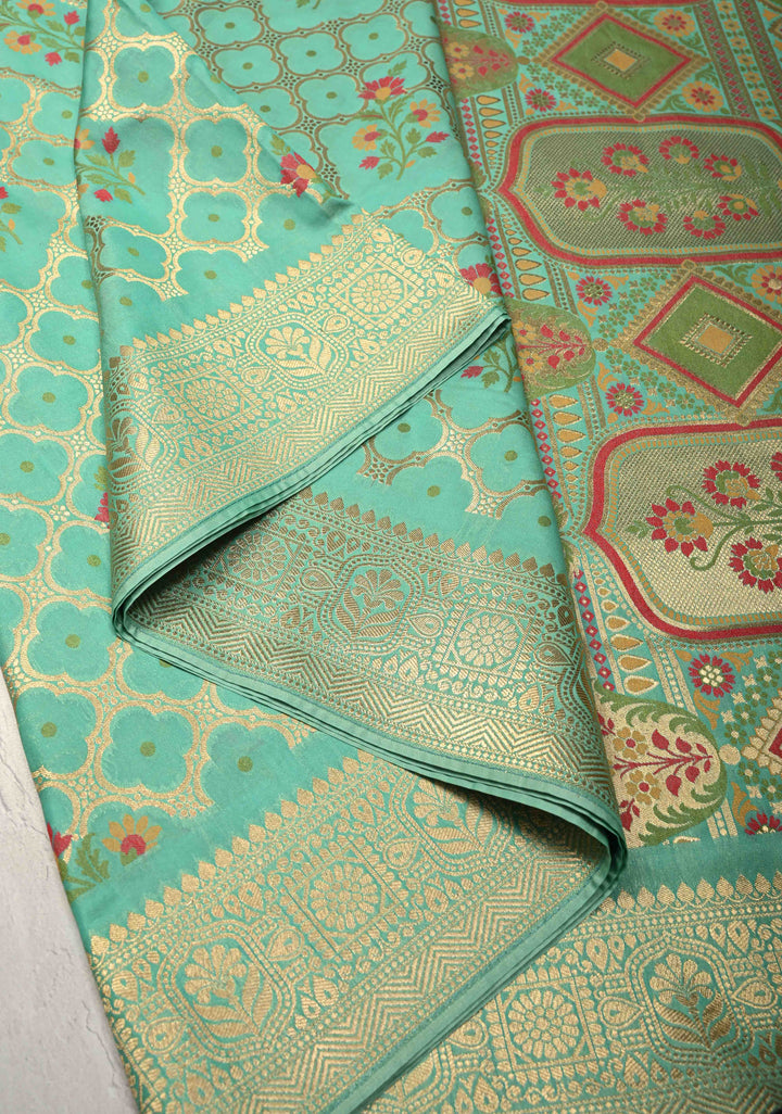 Spring Green Trellis Jaal on Semi Silk Saree with Meenakari Buttas and Zari Border