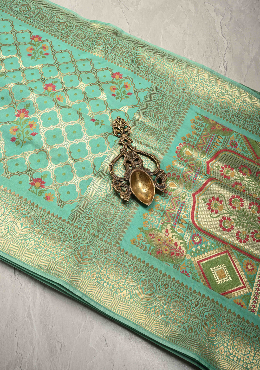 Spring Green Trellis Jaal on Semi Silk Saree with Meenakari Buttas and Zari Border