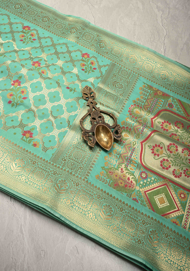 Spring Green Trellis Jaal on Semi Silk Saree with Meenakari Buttas and Zari Border