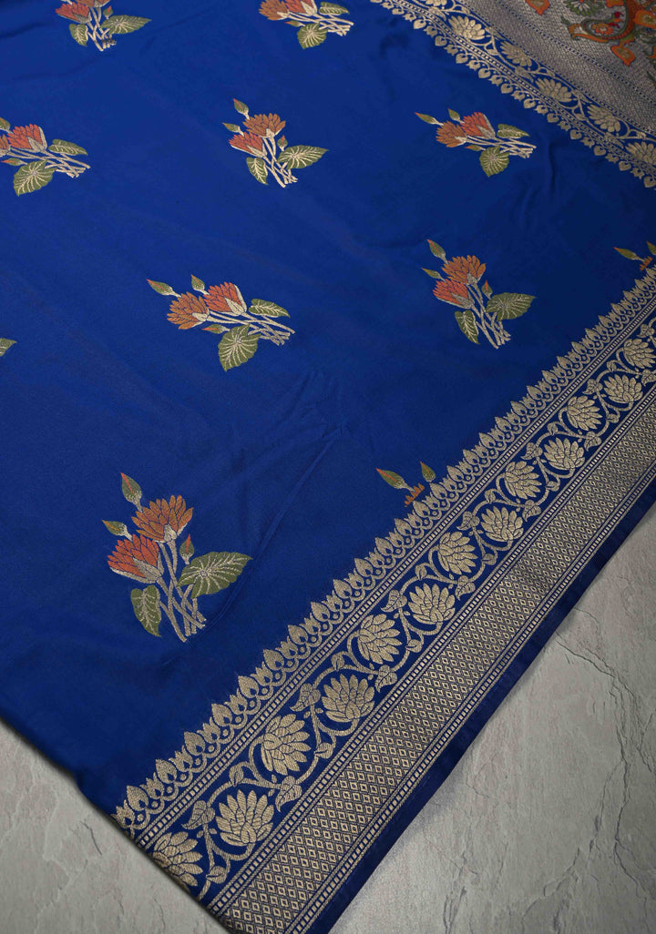 Sapphire Blue Semi Silk Saree with Meenakari Floral Butta and Zari Border