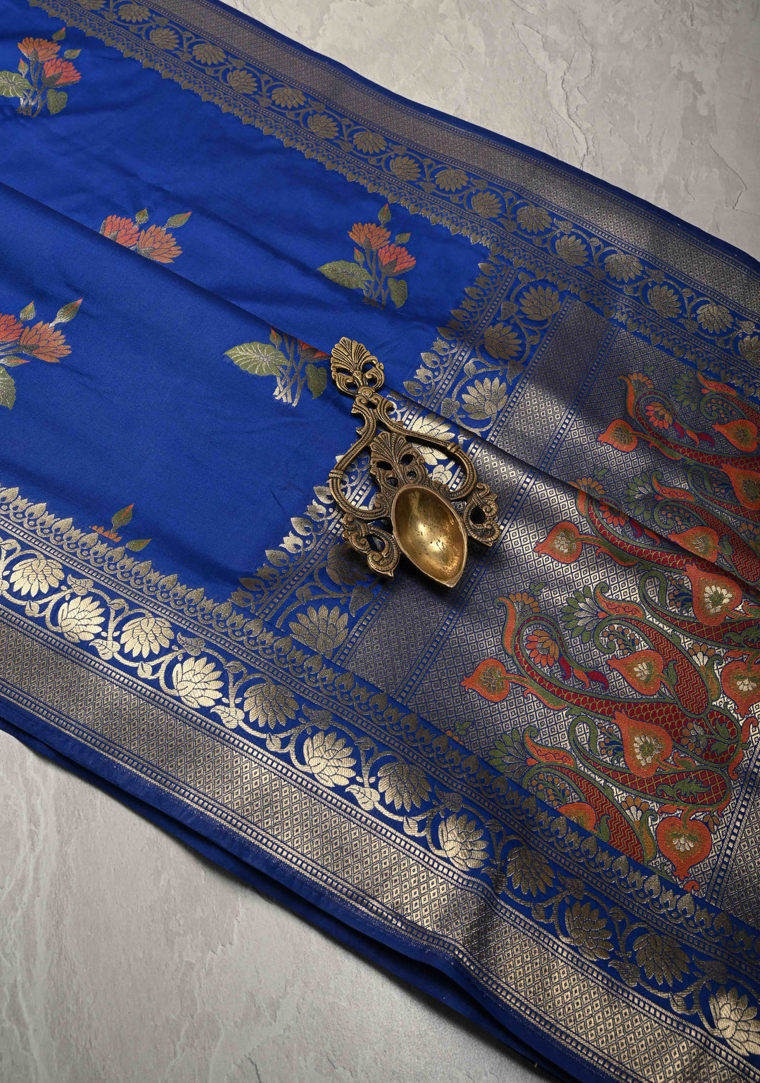 Sapphire Blue Semi Silk Saree with Meenakari Floral Butta and Zari Border
