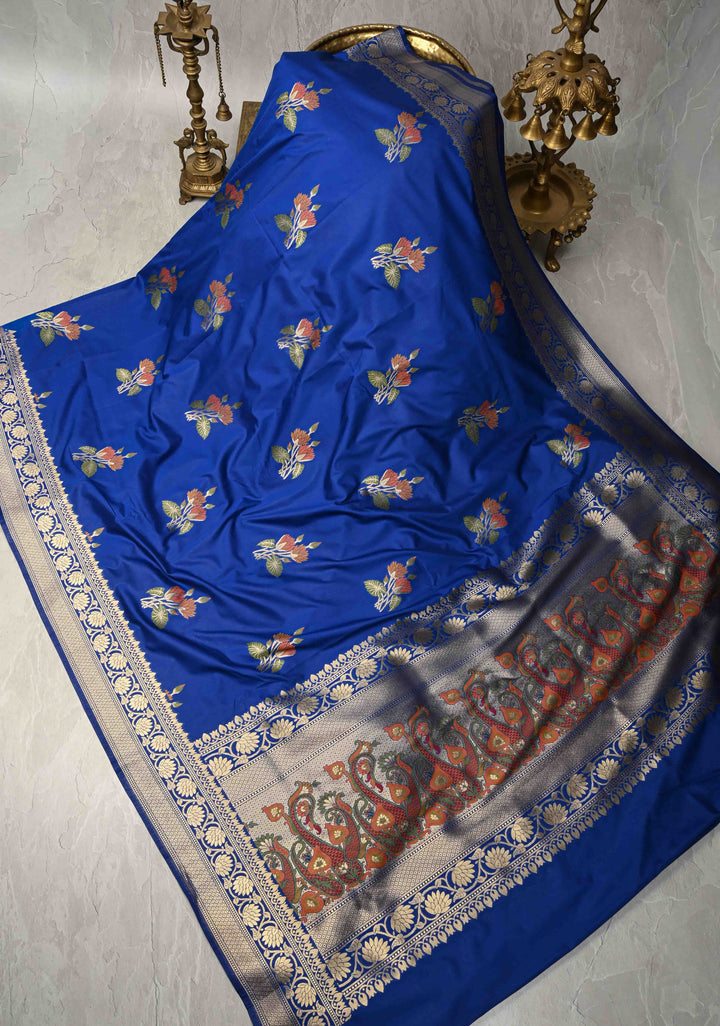 Sapphire Blue Semi Silk Saree with Meenakari Floral Butta and Zari Border