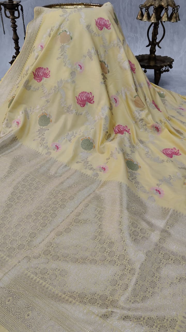 Butter Yellow Semi Silk Saree with Meenakari Floral Butta and Zari Border